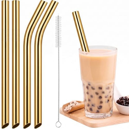 NiHome 4-Pack Stainless Steel Straws for Boba, Smoothie, 10.4” Metal Straws