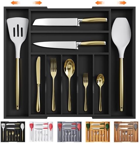 Bellsal Large Premium Bamboo Silverware Organizer - Expandable Utensil Drawer Organizer - 17"x19.6" Utensil Holder and Cutlery Tray with Grooved for Kitchen Flatware and Utensils(7-9 Slot, Black)