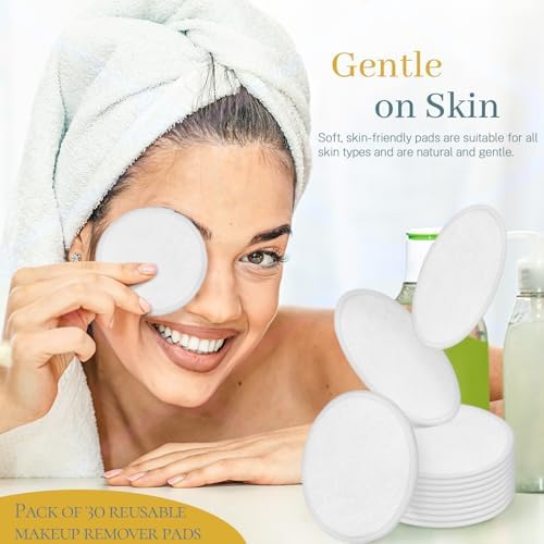 30 Pcs Natural Fiber Round Makeup Remover Pads, Washable Reusable Face Pads Cloth Rounds, Facial Cleansing Pads Wipes for All Skin Types Travel (White)