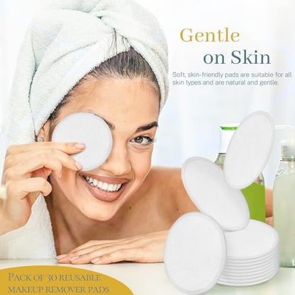 30 Pcs Natural Fiber Round Makeup Remover Pads, Washable Reusable Face Pads Cloth Rounds, Facial Cleansing Pads Wipes for All Skin Types Travel (White)