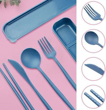 ELANE 4 Sets Reusable Travel Utensils Set with Case,Camping Cutlery Set Reusable Cutlery Set with Case,Utensil Sets for Lunch Picnic Daily Use Outdoor (darkblue)