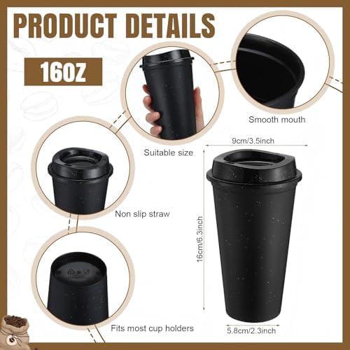 Honeydak 45 Pack 16 oz Reusable Coffee Cups with Lids Water Bottle Iced Coffee Travel Mug Portable Plastic Tea Tumblers Bulk for Hot and Cold Drinks Birthdays Party (Black,Stylish)