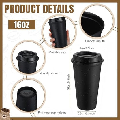 Honeydak 45 Pack 16 oz Reusable Coffee Cups with Lids Water Bottle Iced Coffee Travel Mug Portable Plastic Tea Tumblers Bulk for Hot and Cold Drinks Birthdays Party (Black,Stylish)