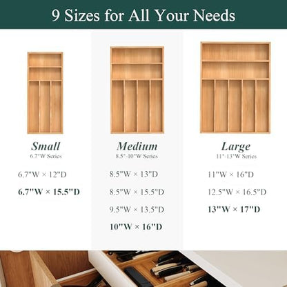 Silverware Organizer, Bamboo Kitchen Drawer Organizer, Utensil Holder, Cutlery Tray & Spoon Flatware Storage with Grooved Drawer Dividers (13''W x 17''D)