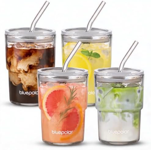 BLUEPOLAR 13oz/400ml Glass Water Tumbler with Straw and Lid Sealed Carry On Thick Wall Iced Coffee Cup Glass Cup for Water, Iced Tea Fruit Juice Etc (White-4pcs)