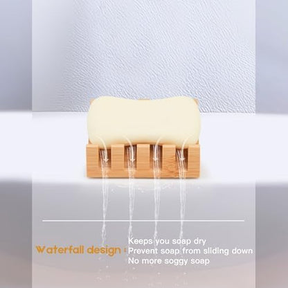 Shampoo Bar and Sponge Holders for Shower – Self-Draining Bamboo Soap Dish Tray, 2 Pack Wooden Soap Saver Racks for Conditioner Bars, Razor, Sink, Bathroom, Kitchen, or Travel