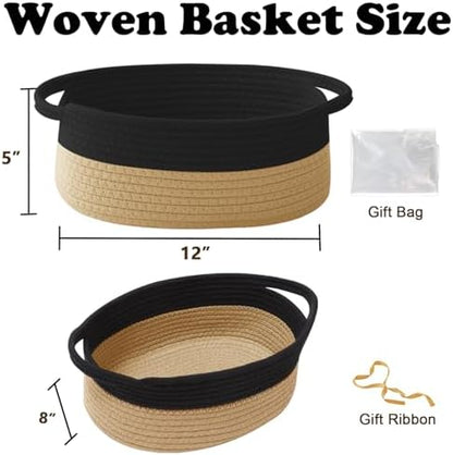 Woven Rope Basket,Baby Gift Basket with Bag & Ribbon, Black&Jute