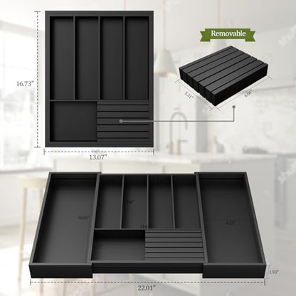 Bamboo Kitchen Silverware Drawer Organizer - Expandable Wood Utensil Holder with Dividers, Luxury Cutlery Storage Tray for Kitchen Utensil and Flatware (5-7 Slots with Removable Knife Block, Black)