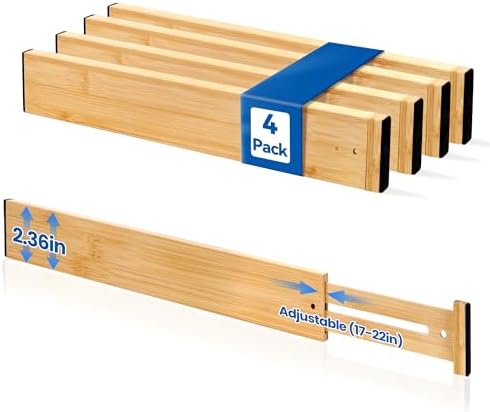 4 Pack 2.36" Bamboo Drawer Dividers, 17-22" Expandable Kitchen Organizers