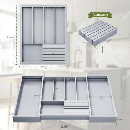 Bamboo Kitchen Silverware Drawer Organizer - Expandable Wood Utensil Holder with Dividers, Luxury Cutlery Storage Tray for Kitchen Utensil and Flatware (5-7 Slots with Removable Knife Block, Grey)