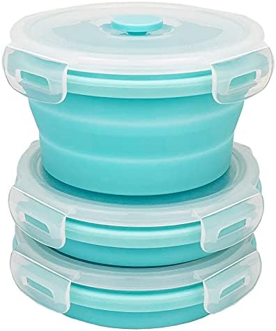 CCyanzi 3piece Round Collapsible Bowl with Lids, Silicone Food Storage Containers, Microwave & Freezer Safe, Space Saving for Kitchen Cabinet and Camping Backpack,(Blue)