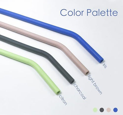 Stanley Cup Accessories 14” Extra Long Silicone Reusable Replacement Drinking Straws for 40 oz Quencher Tumbler,Wine Bottle-Blue Iris,Green Citron,Charcoal,Light Brown With Bendable Brush