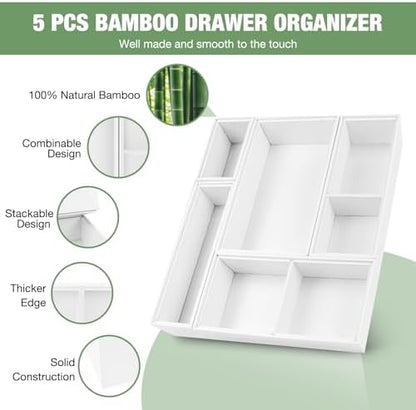 Bamboo Drawer Organizer,5 PCS White Bathroom Tray&Desk Organizers and Storage,Cabinet Divider With Removable Silverware Organization for Kitchen,Utensils,Junk,Office,Makeup