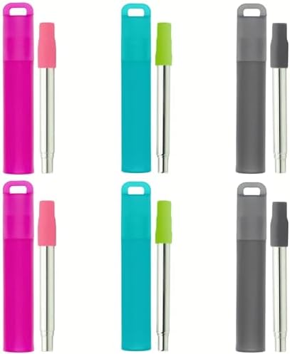 NAIVELY-Reusable Straws 6 Pack Collapsible Portable Stainless Steel Straws with Case,Silicone Tips and Cleaning Brush,Retractable Portable Travel Straw