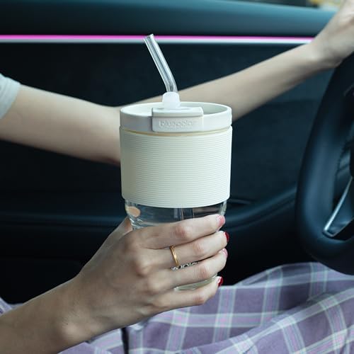 BLUEPOLAR Glass Tumbler Set with Lids and Straws, 17 oz Reusable Cups for Iced Coffee, Cold Brew, Tea, Smoothie (Off-White with Sleeve)