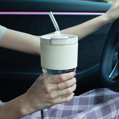 BLUEPOLAR Glass Tumbler Set with Lids and Straws, 17 oz Reusable Cups for Iced Coffee, Cold Brew, Tea, Smoothie (Off-White with Sleeve)