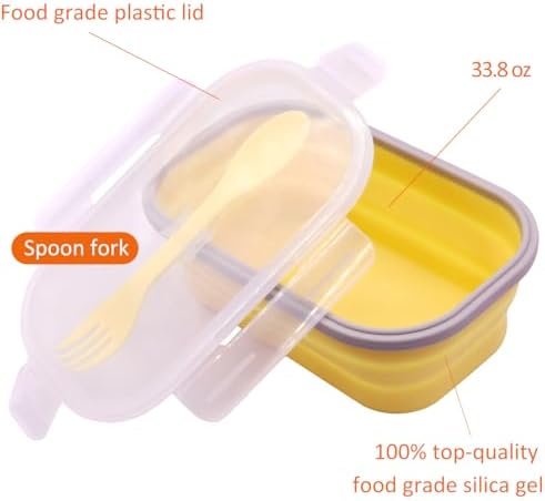 2 Pack Collapsible Silicone Bento Lunch Boxes With Lids Spoon Fork, 33.8oz, Meal Prep Food Storage Containers, Durable, Safe in Microwave, Dishwasher and Freezer, BPA Free (Yellow and Pink)