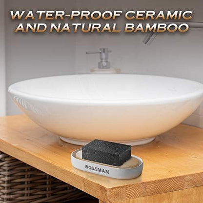 Bossman Natural Bamboo Bathroom Soap Dish w/ Premium Ceramic Base - White