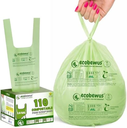 2.6 Gallon Certified Compostable Handle-Tie Bags (110 Bags), 9.84 L Small Food Scrap Bags, BPI Certified Compostable, TÜV OK Compost HOME Certified, Meets ASTM D6400 (110 ct.)