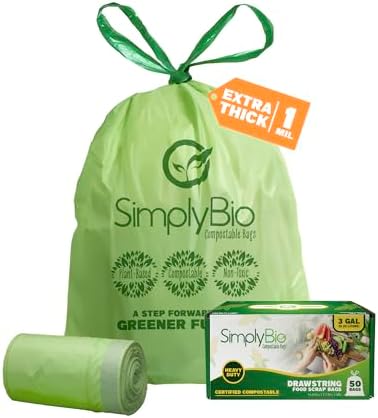 Simply Bio 3 Gallon Compostable Trash Bags Liners Drawstring, Heavy Duty Extra Thick 1 Mil, 11.36 Liter, 50 Bags, Small Kitchen Food Scrap Waste Bag, ASTM D6400, US BPI and OK Compost Home Certified