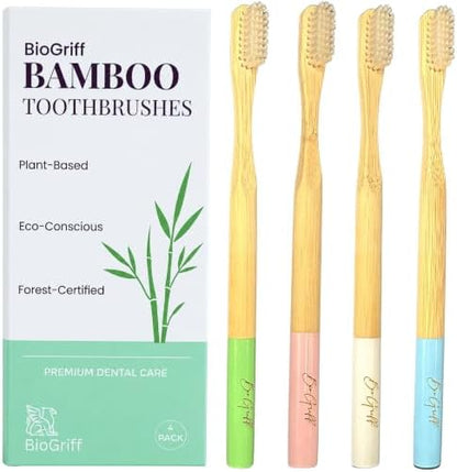 Bamboo Toothbrushes 4 Pack for Adults, Plant Based Bristles Derived from Castor Bean Oil, Soft Medium Bristles, Individually Wrapped Travel Toothbrushes, FSC Certified Packaging