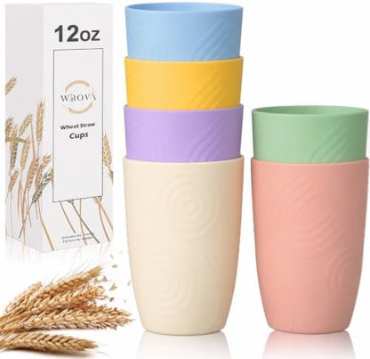 Wrova Wheat Straw Cups Set 6-Piece, 12 OZ Plastic Cups Reusable Drink Cups