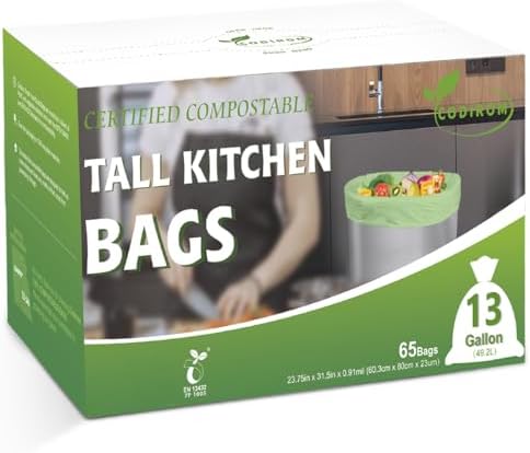 100% Compostable Trash Bags, 13 Gallon, 49.2 Liter, 0.91 Mils, 65 Count Kitchen Tall Food Scrap Compost Bags for Tall Kitchen Trash Cans with Europe EN13432 Certified