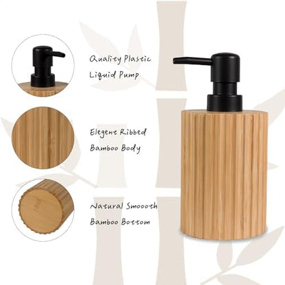 Ribbed Bamboo Soap Dispenser, Natural Finish Black Pump 7 oz