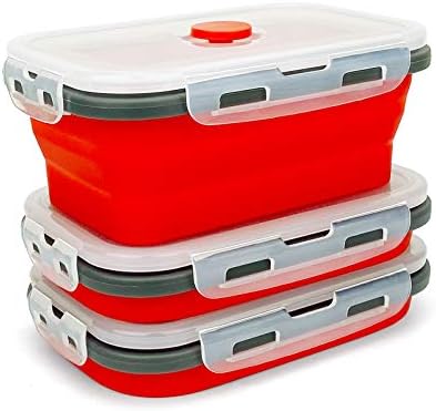 CARTINTS Set of 3 Collapsible Food Storage Containers with Lids, Collapsible Silicone Bowls, Silicone Lunch Containers, For Meal Prep, Camping, Travel, Microwave and Freezer Safe,500ml,Red
