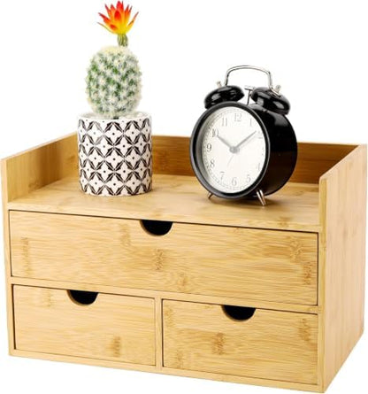 Charmewooden Bamboo Desk Organizer 3 Drawer with shelf, Countertop Organizer with Drawers Makeup Storage Drawer 3 Drawers Tabletop Storage Organization Box Home Office Workspace