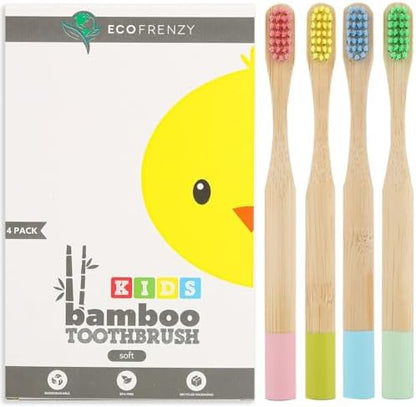 Kids Bamboo Toothbrush - Child Size Soft BPA Free Color Safe Bristles (4 Pack)