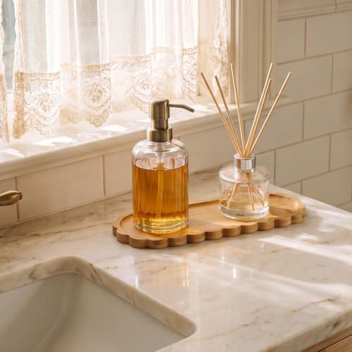 Scalloped Bamboo Soap Dispenser Tray Bathroom Rustic Decor Bamboo Countertop Tray Scalloped Soap Dish Jewelry Holder Vanity Bathtub Organizer for Bathroom Kitchen Home Decor (9'',Oval)