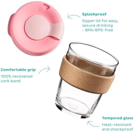 KeepCup Brew Cork, Reusable Glass Tumbler with Natural Cork, Tall Coffee Cup 12oz / 340ml - Black