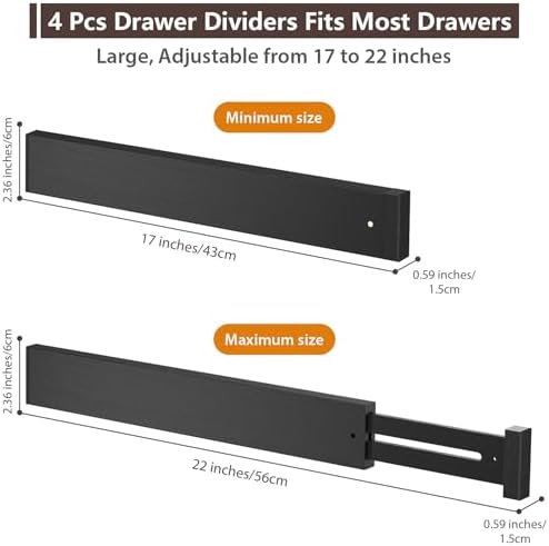 DUCOO 4 PCS Drawer Divider, 17"-22" Adjustable Bamboo Drawer Dividers Organizers, Expandable Separators for Kitchen, Clothes, Dressers, Home, Office, Black