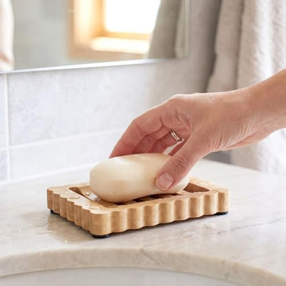 Jinei 2 Pcs Scalloped Wood Soap Dish Bulk 4.92 x 3.35 x 0.59 Inch Bamboo Bar Soap Holder with Self Draining Non-Slip Point Design Sponge Saver for Shower Bathroom Kitchen