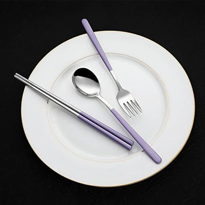 DEVICO Travel Utensils with Case, 4Pcs Portable Silverware Set for Work, 18/8 Stainless Steel Reusable Cutlery, Korean Spoon and Chopsticks Fork for Camping, School, Lunch Box Accessories (Purple)