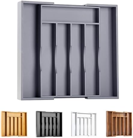 Kitchen Silverware Drawer Organizer and Storage Bamboo Wood Cooking Utensil Holder Cutlery Knife Jewelry Spice Rack Spoon Fork Multi Cabinet Organization Bathroom Counter Expandable Adjustable Tray