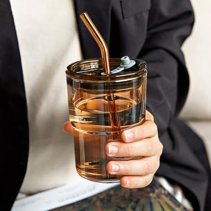 13oz Glass Iced Coffee Cups with Straw and Lid, Thick-Wall Glass Tumbler, Reusable Coffee Cup for Iced Coffee, Matcha, Cold Brew, Latte and Cold Drinks, Fits Car Cup Holders