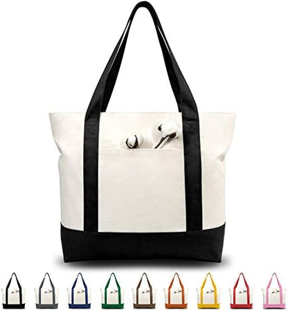 TOPDesign 1 | 3 | 6 | 30 Pack Canvas Tote Bag with an External Pocket, Reusable Grocery Shopping Bag, Top Zipper Closure, Daily Essentials (Black/Natural Pack of 1)