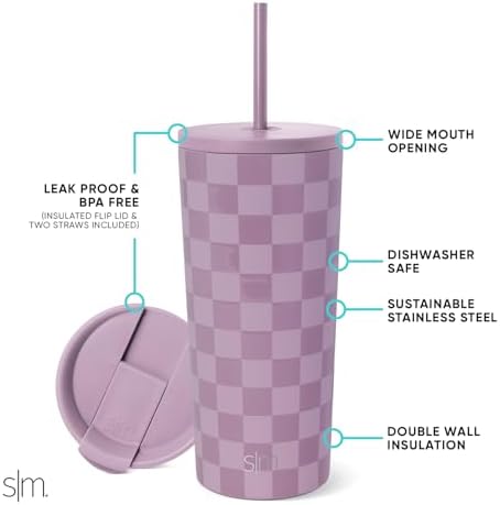 Simple Modern Insulated Tumbler with Lid and Straw | Iced Coffee Cup Reusable Stainless Steel Water Bottle Travel Mug | Gifts for Women Men Her Him | Classic Collection | 20oz | Lavender Checkmate