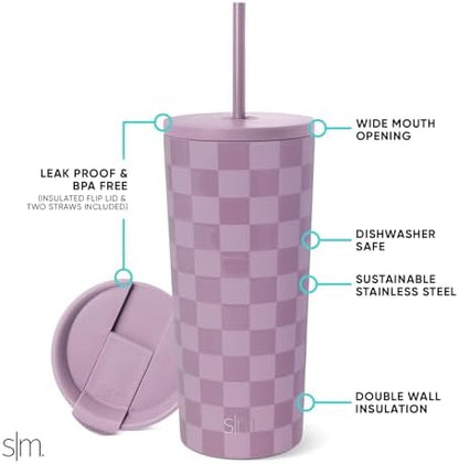 Simple Modern Insulated Tumbler with Lid and Straw | Iced Coffee Cup Reusable Stainless Steel Water Bottle Travel Mug | Gifts for Women Men Her Him | Classic Collection | 20oz | Lavender Checkmate