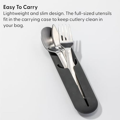 W&P Porter Stainless Steel Utensils with Silicone Carrying Case | Cream | Spoon, Fork & Knife for Meals on the Go | Portable and Compact Set