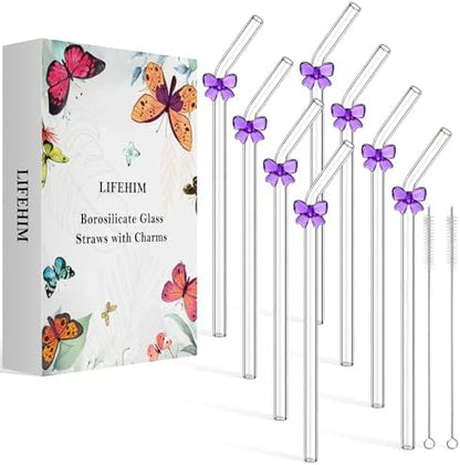 Cute Glass Straws with Purple Bow Charms, 8-Pack 9-Inch Bent for Tumblers
