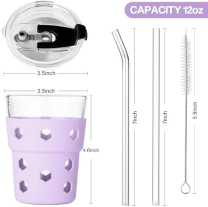 Mrsdry 12oz Iced Coffee Cup with Lids and Straws, BPA Free Reusable Glass Coffee Cups with Silicone Sleeves for Coffee, Iced tea, Thick Wall Glass Cup