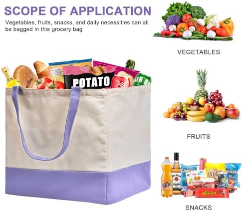 Reusable Grocery Bags Heavy Duty, 8.3 gal Foldable Large Canvas Tote Bag with Handles, Holds 60 lbs Canvas Shopping Bags, 1 Pack（Off White+Light purple）