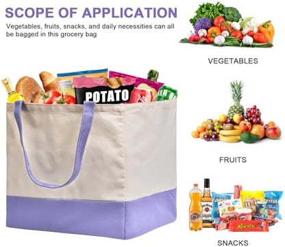 Reusable Grocery Bags Heavy Duty, 8.3 gal Foldable Large Canvas Tote Bag with Handles, Holds 60 lbs Canvas Shopping Bags, 1 Pack（Off White+Light purple）