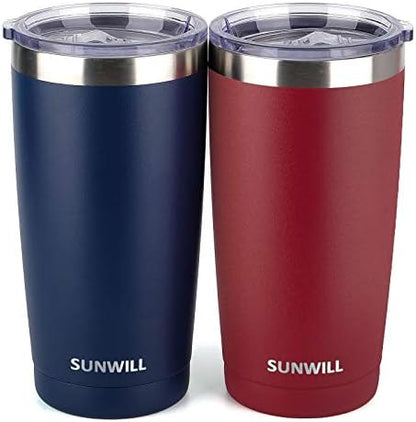 SUNWILL Travel Coffee Mug with Lid, 20 oz Tumbler Set of 2, Insulated Stainless Steel Cup for Water, Tea, Powder Coated Wine & Navy