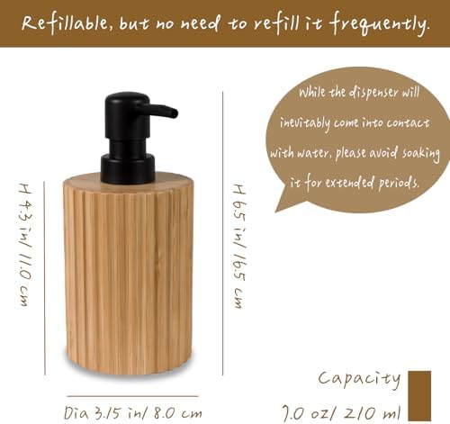 Ribbed Bamboo Soap Dispenser, Natural Finish Black Pump 7 oz
