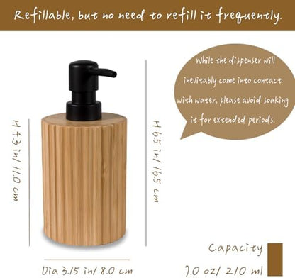 Ribbed Bamboo Soap Dispenser, Natural Finish Black Pump 7 oz