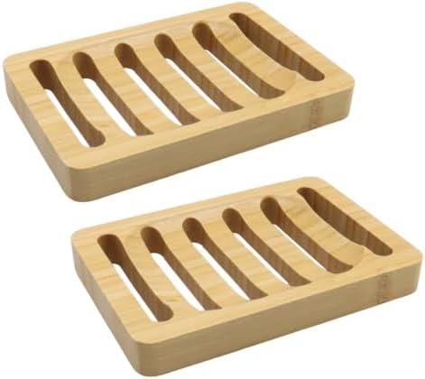2 Pack Square Bamboo Wooden Soap Dishes, Shampoo Bar Holder with Self Draining Tray, Travel Soap Saver Case for Bathroom Kitchen Sink